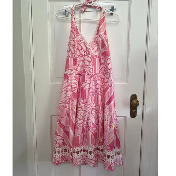 Lilly Pulitzer Women's 8 Midi Dress Pink Flamingo Print Halter Neck White Lace - Picture 1 of 15
